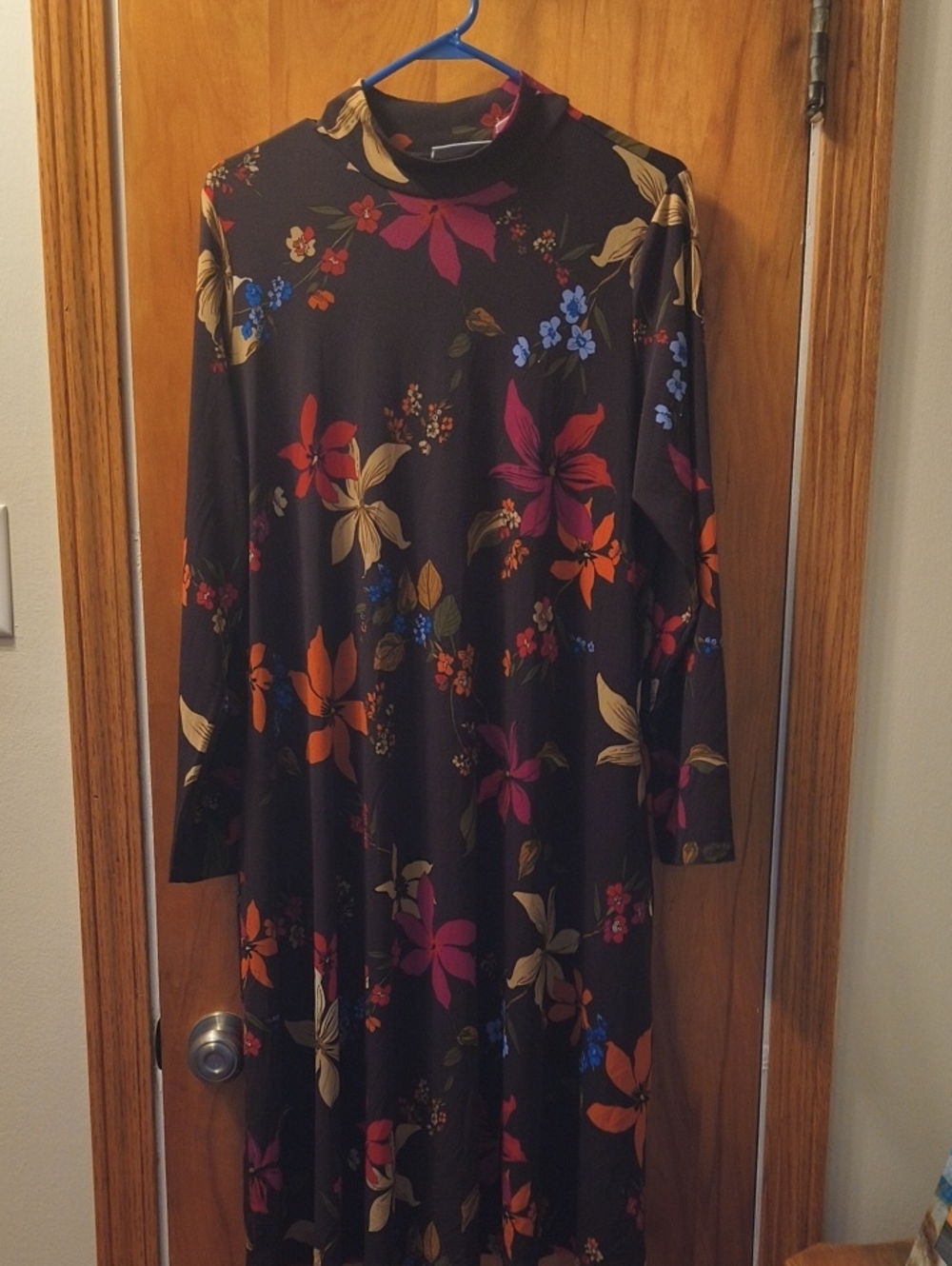 Susan Graver Black Floral Long Sleeve Midi Dress with Pink Orange Blue Accents